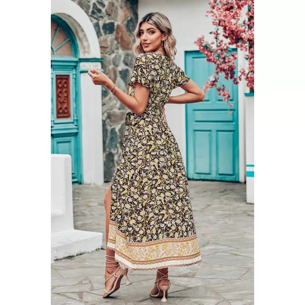 imagePRETTYGARDEN Women Boho Summer Side Split Deep V Neck Short Sleeves Maxi Dress with BeltFloral Black