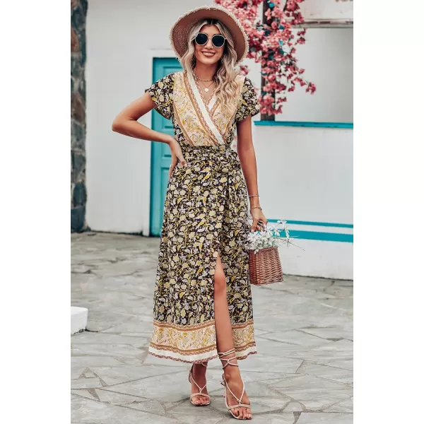imagePRETTYGARDEN Women Boho Summer Side Split Deep V Neck Short Sleeves Maxi Dress with BeltFloral Black