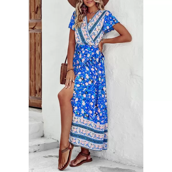 imagePRETTYGARDEN Women Boho Summer Side Split Deep V Neck Short Sleeves Maxi Dress with BeltFloral Blue