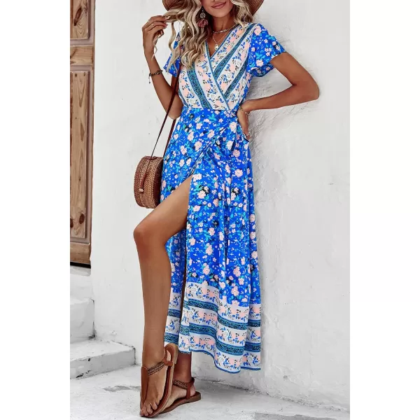 imagePRETTYGARDEN Women Boho Summer Side Split Deep V Neck Short Sleeves Maxi Dress with BeltFloral Blue