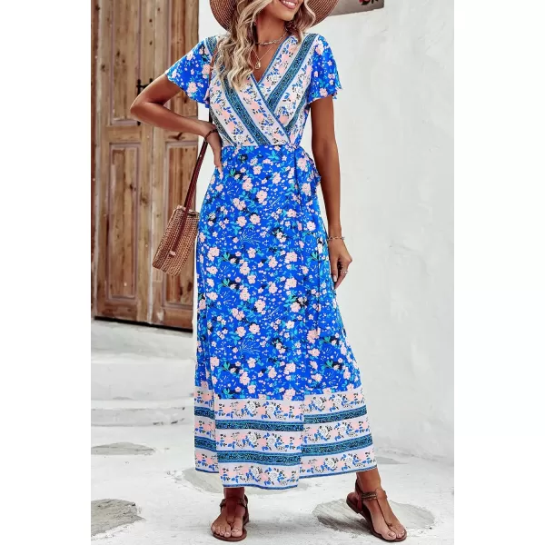 imagePRETTYGARDEN Women Boho Summer Side Split Deep V Neck Short Sleeves Maxi Dress with BeltFloral Blue