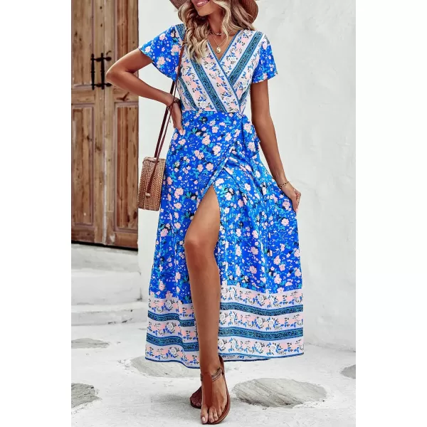 imagePRETTYGARDEN Women Boho Summer Side Split Deep V Neck Short Sleeves Maxi Dress with BeltFloral Blue