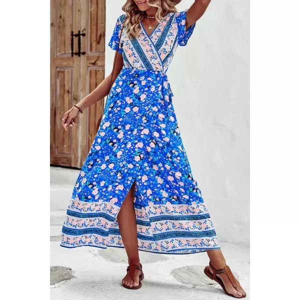 imagePRETTYGARDEN Women Boho Summer Side Split Deep V Neck Short Sleeves Maxi Dress with BeltFloral Blue