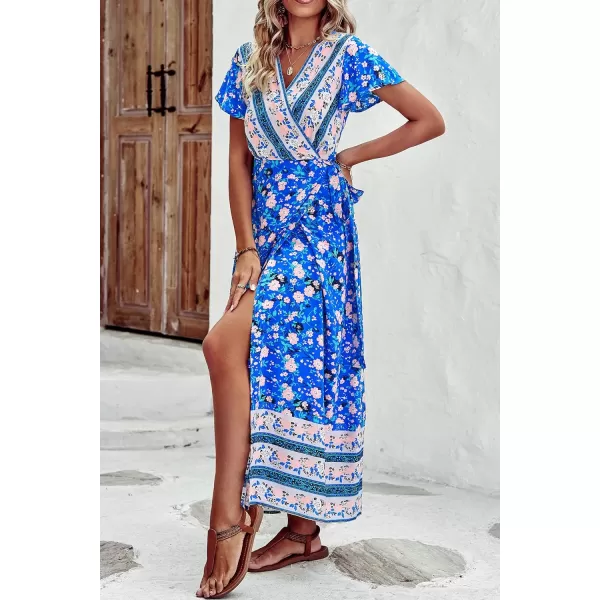 imagePRETTYGARDEN Women Boho Summer Side Split Deep V Neck Short Sleeves Maxi Dress with BeltFloral Blue