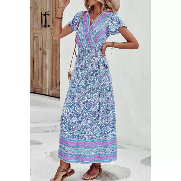 imagePRETTYGARDEN Women Boho Summer Side Split Deep V Neck Short Sleeves Maxi Dress with BeltFloral Blue Purple