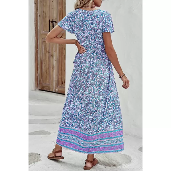 imagePRETTYGARDEN Women Boho Summer Side Split Deep V Neck Short Sleeves Maxi Dress with BeltFloral Blue Purple