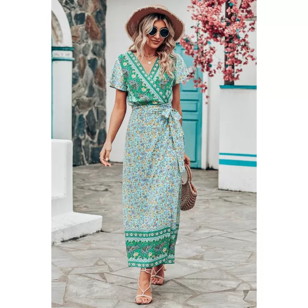 imagePRETTYGARDEN Women Boho Summer Side Split Deep V Neck Short Sleeves Maxi Dress with BeltFloral Green