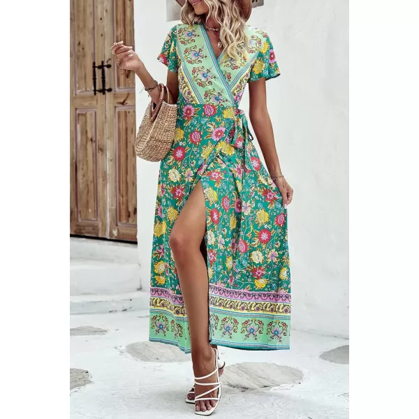 imagePRETTYGARDEN Women Boho Summer Side Split Deep V Neck Short Sleeves Maxi Dress with BeltFloral Green Red