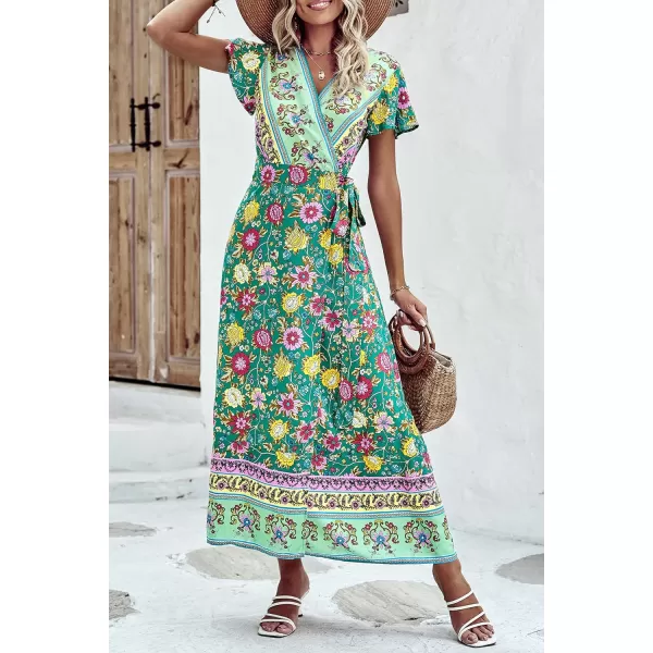 imagePRETTYGARDEN Women Boho Summer Side Split Deep V Neck Short Sleeves Maxi Dress with BeltFloral Green Red