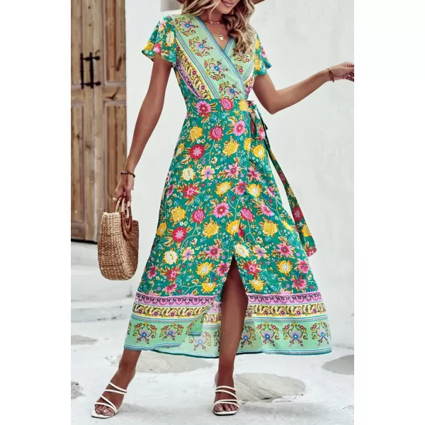 imagePRETTYGARDEN Women Boho Summer Side Split Deep V Neck Short Sleeves Maxi Dress with BeltFloral Green Red