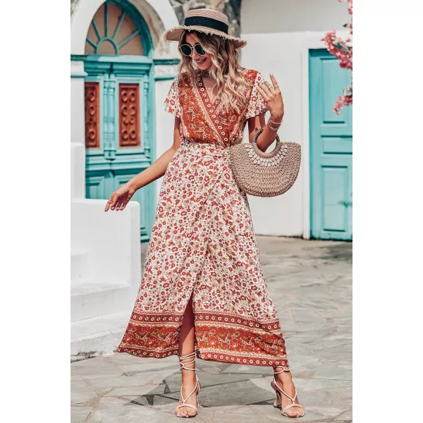 imagePRETTYGARDEN Women Boho Summer Side Split Deep V Neck Short Sleeves Maxi Dress with BeltFloral Orange Red