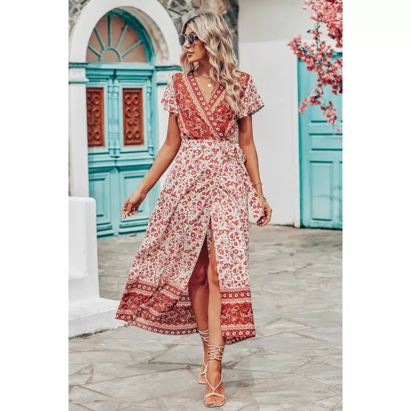 imagePRETTYGARDEN Women Boho Summer Side Split Deep V Neck Short Sleeves Maxi Dress with BeltFloral Orange Red