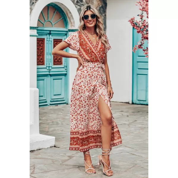 imagePRETTYGARDEN Women Boho Summer Side Split Deep V Neck Short Sleeves Maxi Dress with BeltFloral Orange Red