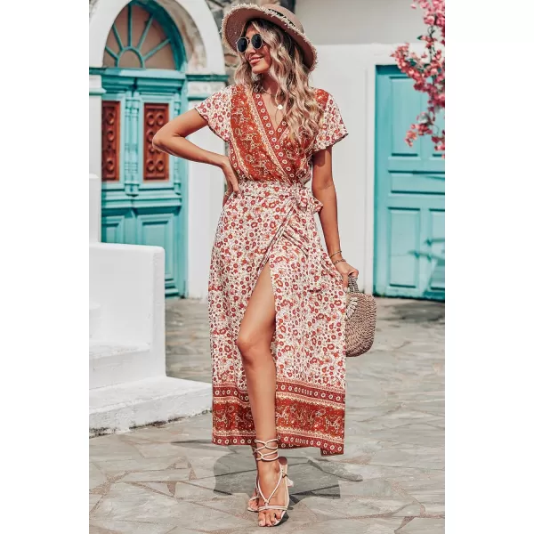 imagePRETTYGARDEN Women Boho Summer Side Split Deep V Neck Short Sleeves Maxi Dress with BeltFloral Orange Red
