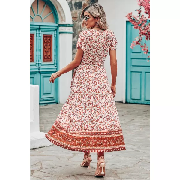 imagePRETTYGARDEN Women Boho Summer Side Split Deep V Neck Short Sleeves Maxi Dress with BeltFloral Orange Red