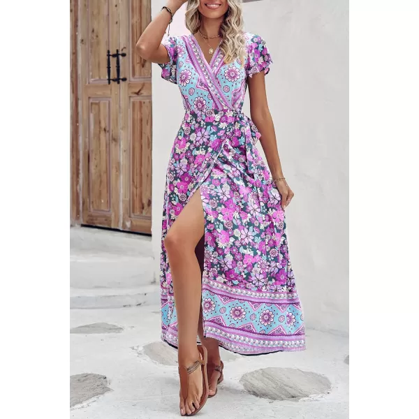 imagePRETTYGARDEN Women Boho Summer Side Split Deep V Neck Short Sleeves Maxi Dress with BeltFloral Purple