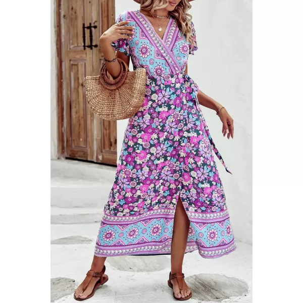 imagePRETTYGARDEN Women Boho Summer Side Split Deep V Neck Short Sleeves Maxi Dress with BeltFloral Purple