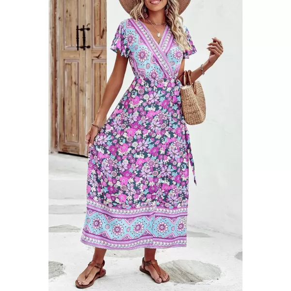 imagePRETTYGARDEN Women Boho Summer Side Split Deep V Neck Short Sleeves Maxi Dress with BeltFloral Purple