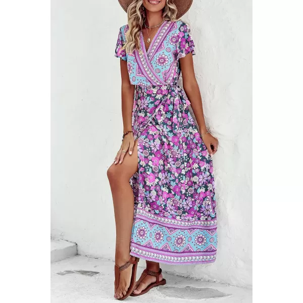 imagePRETTYGARDEN Women Boho Summer Side Split Deep V Neck Short Sleeves Maxi Dress with BeltFloral Purple