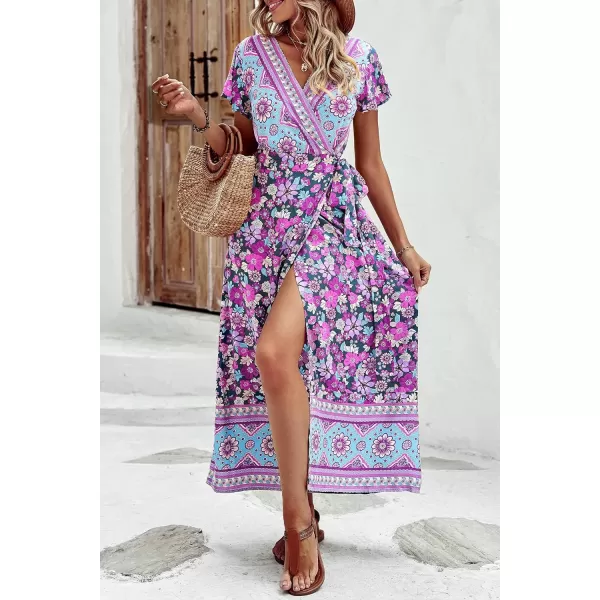 imagePRETTYGARDEN Women Boho Summer Side Split Deep V Neck Short Sleeves Maxi Dress with BeltFloral Purple
