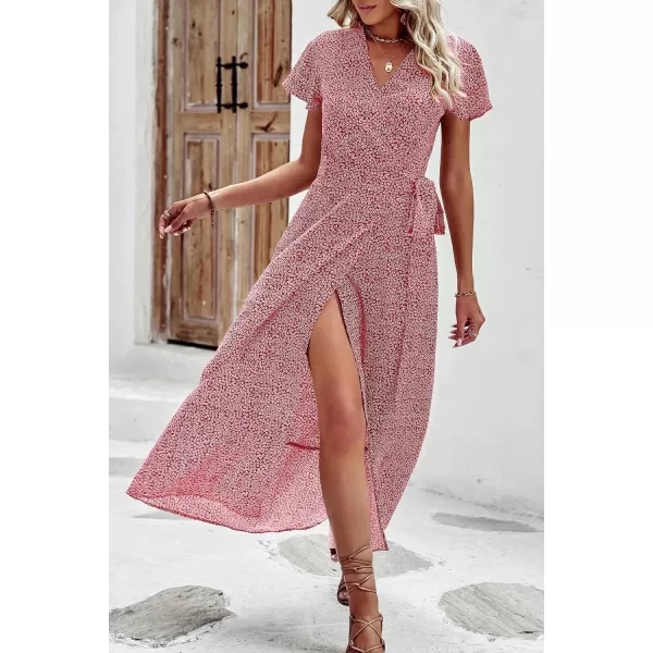 imagePRETTYGARDEN Women Boho Summer Side Split Deep V Neck Short Sleeves Maxi Dress with BeltFloral Red