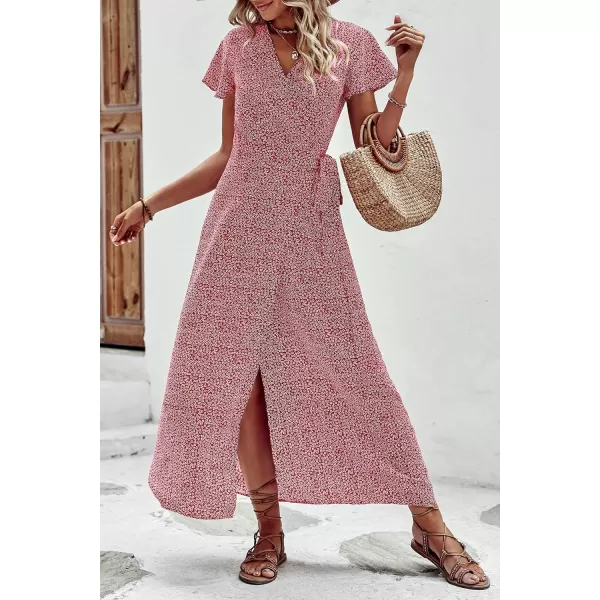 imagePRETTYGARDEN Women Boho Summer Side Split Deep V Neck Short Sleeves Maxi Dress with BeltFloral Red
