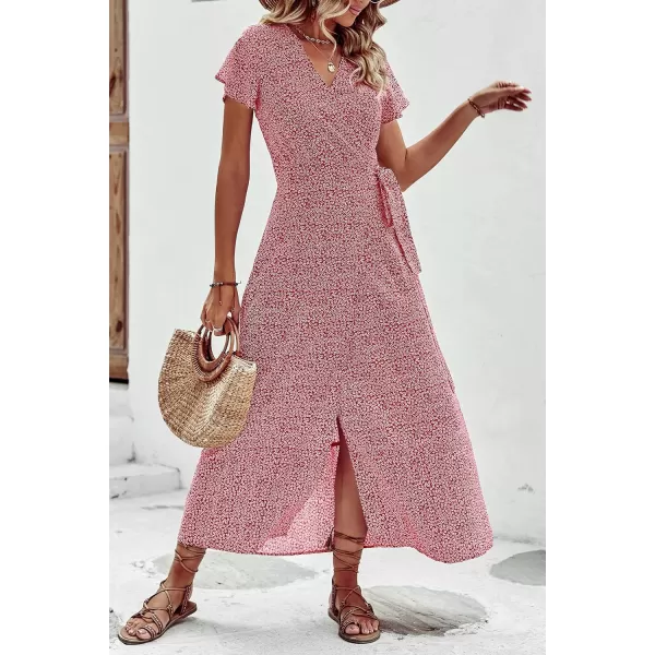 imagePRETTYGARDEN Women Boho Summer Side Split Deep V Neck Short Sleeves Maxi Dress with BeltFloral Red