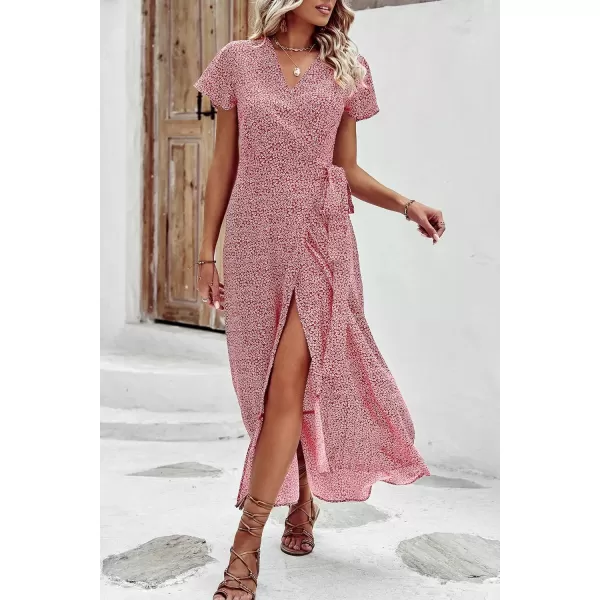 imagePRETTYGARDEN Women Boho Summer Side Split Deep V Neck Short Sleeves Maxi Dress with BeltFloral Red