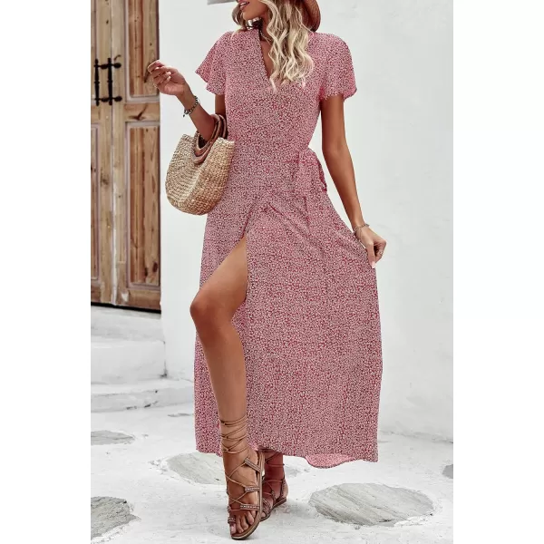 imagePRETTYGARDEN Women Boho Summer Side Split Deep V Neck Short Sleeves Maxi Dress with BeltFloral Red