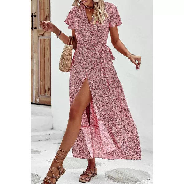imagePRETTYGARDEN Women Boho Summer Side Split Deep V Neck Short Sleeves Maxi Dress with BeltFloral Red