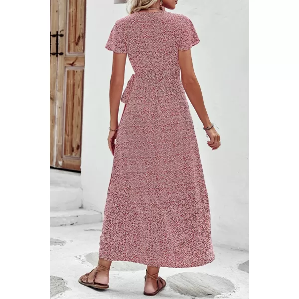 imagePRETTYGARDEN Women Boho Summer Side Split Deep V Neck Short Sleeves Maxi Dress with BeltFloral Red