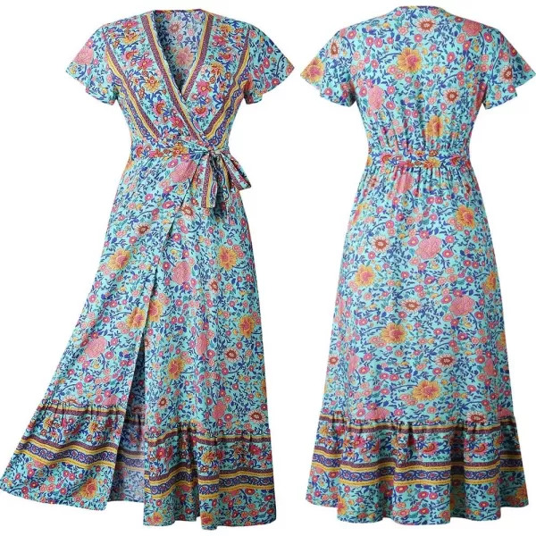 imagePRETTYGARDEN Women Boho Summer Side Split Deep V Neck Short Sleeves Maxi Dress with BeltGreen