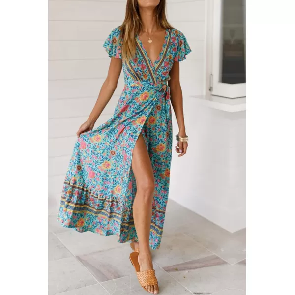 imagePRETTYGARDEN Women Boho Summer Side Split Deep V Neck Short Sleeves Maxi Dress with BeltGreen
