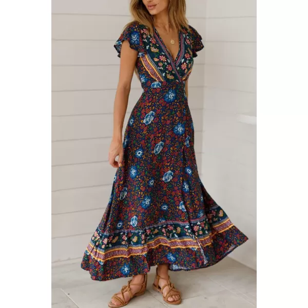 imagePRETTYGARDEN Women Boho Summer Side Split Deep V Neck Short Sleeves Maxi Dress with BeltNavy