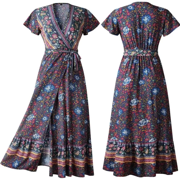 imagePRETTYGARDEN Women Boho Summer Side Split Deep V Neck Short Sleeves Maxi Dress with BeltNavy