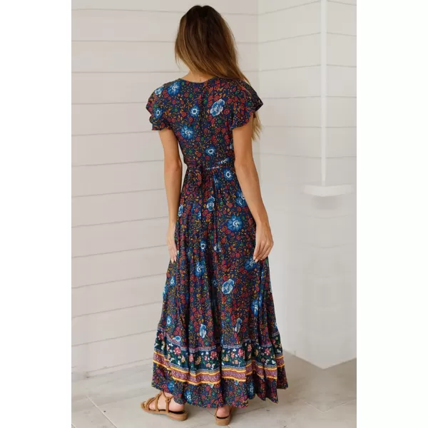imagePRETTYGARDEN Women Boho Summer Side Split Deep V Neck Short Sleeves Maxi Dress with BeltNavy