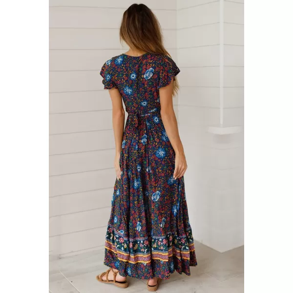 imagePRETTYGARDEN Women Boho Summer Side Split Deep V Neck Short Sleeves Maxi Dress with BeltNavy