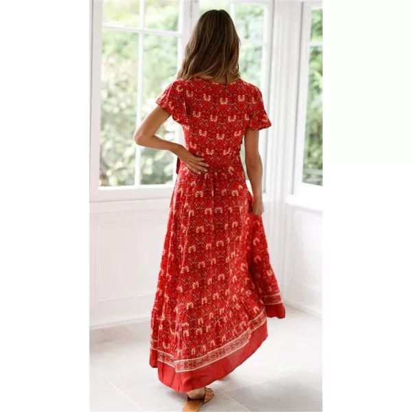 imagePRETTYGARDEN Women Boho Summer Side Split Deep V Neck Short Sleeves Maxi Dress with BeltRed 1