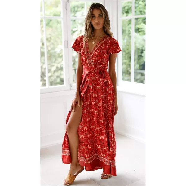 imagePRETTYGARDEN Women Boho Summer Side Split Deep V Neck Short Sleeves Maxi Dress with BeltRed 1