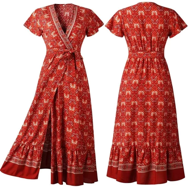 imagePRETTYGARDEN Women Boho Summer Side Split Deep V Neck Short Sleeves Maxi Dress with BeltRed 1