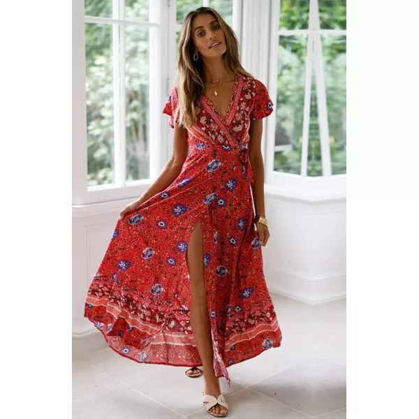 imagePRETTYGARDEN Women Boho Summer Side Split Deep V Neck Short Sleeves Maxi Dress with BeltRed