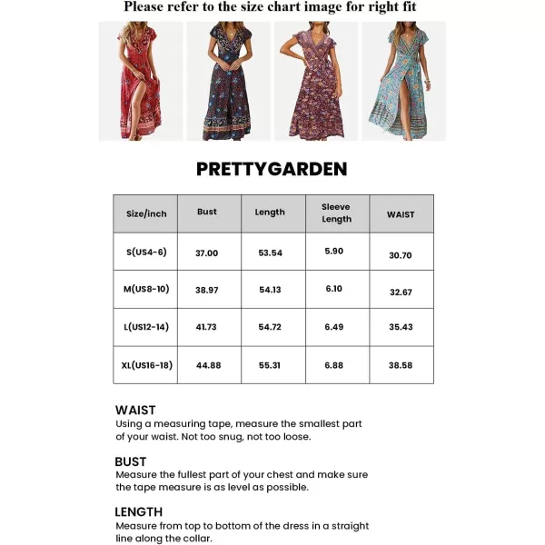 imagePRETTYGARDEN Women Boho Summer Side Split Deep V Neck Short Sleeves Maxi Dress with BeltRed