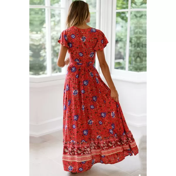 imagePRETTYGARDEN Women Boho Summer Side Split Deep V Neck Short Sleeves Maxi Dress with BeltRed
