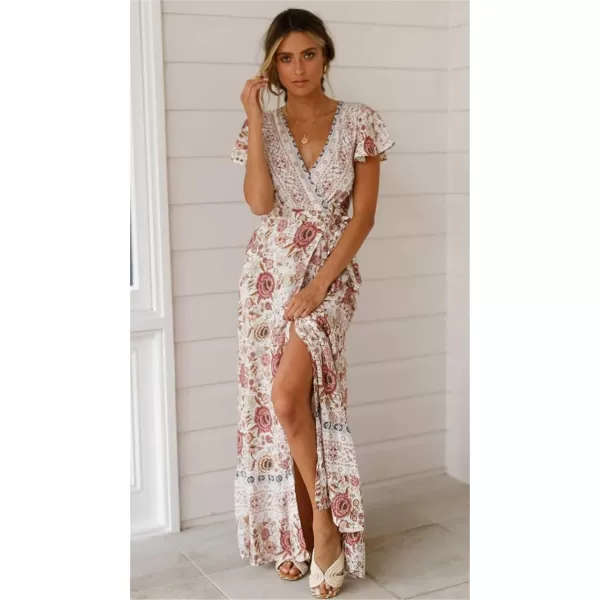 imagePRETTYGARDEN Women Boho Summer Side Split Deep V Neck Short Sleeves Maxi Dress with BeltWhite