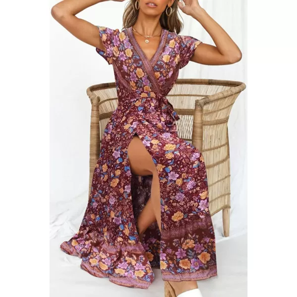 imagePRETTYGARDEN Women Boho Summer Side Split Deep V Neck Short Sleeves Maxi Dress with BeltWine Red