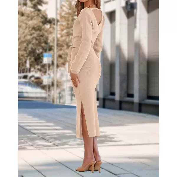 imagePRETTYGARDEN Women Fall 2 Piece Outfits Sweater Long Sleeve Wrap V Neck Belted Backless Top Bodycon Slit Midi Skirt SetSolid Apricot