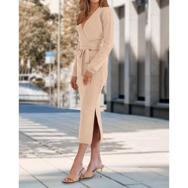 imagePRETTYGARDEN Women Fall 2 Piece Outfits Sweater Long Sleeve Wrap V Neck Belted Backless Top Bodycon Slit Midi Skirt SetSolid Apricot
