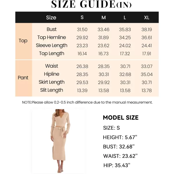 imagePRETTYGARDEN Women Fall 2 Piece Outfits Sweater Long Sleeve Wrap V Neck Belted Backless Top Bodycon Slit Midi Skirt SetSolid Apricot