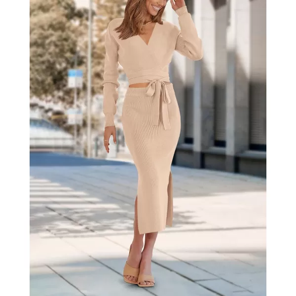 imagePRETTYGARDEN Women Fall 2 Piece Outfits Sweater Long Sleeve Wrap V Neck Belted Backless Top Bodycon Slit Midi Skirt SetSolid Apricot