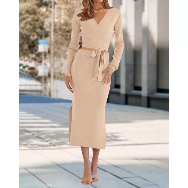 imagePRETTYGARDEN Women Fall 2 Piece Outfits Sweater Long Sleeve Wrap V Neck Belted Backless Top Bodycon Slit Midi Skirt SetSolid Apricot